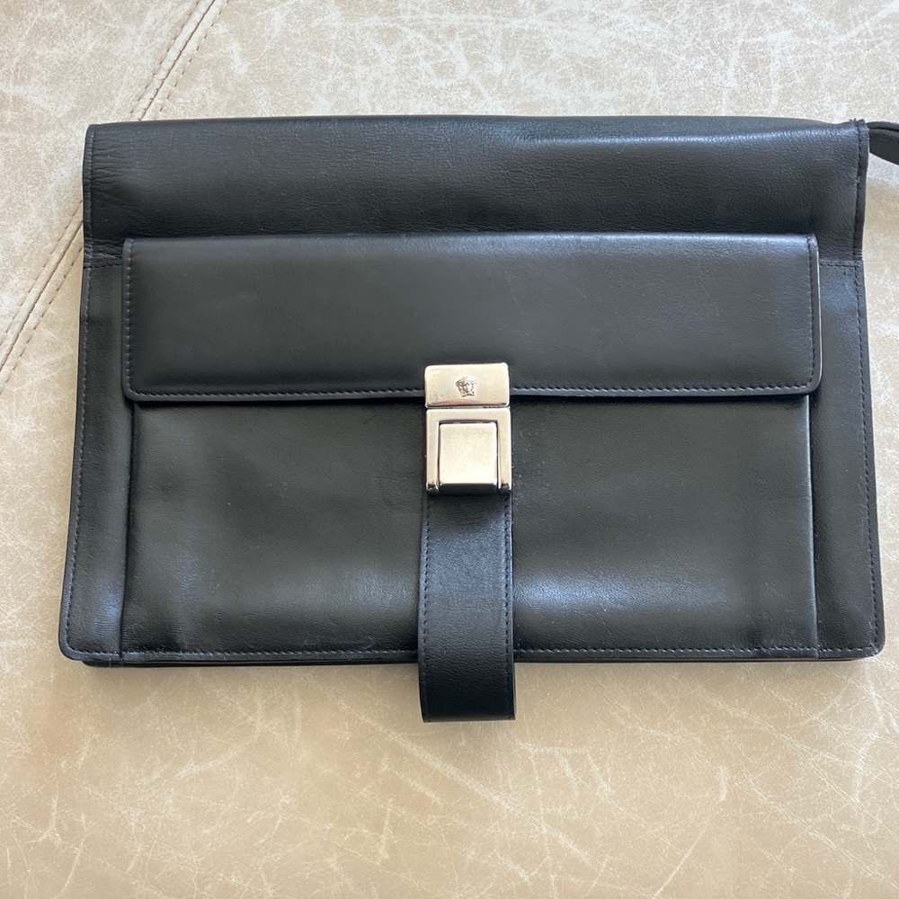 VERSACE La Medusa Black Leather Small Travel Bag w/ Silver Logo Clasp GUC